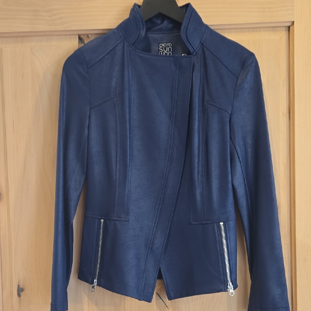 Clara Sun Woo Blue Liquid Leather Moto Jacket